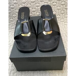 Gucci Black Leather Gold Buckle Slides Mules 9 Box EUC Sandals Shoes